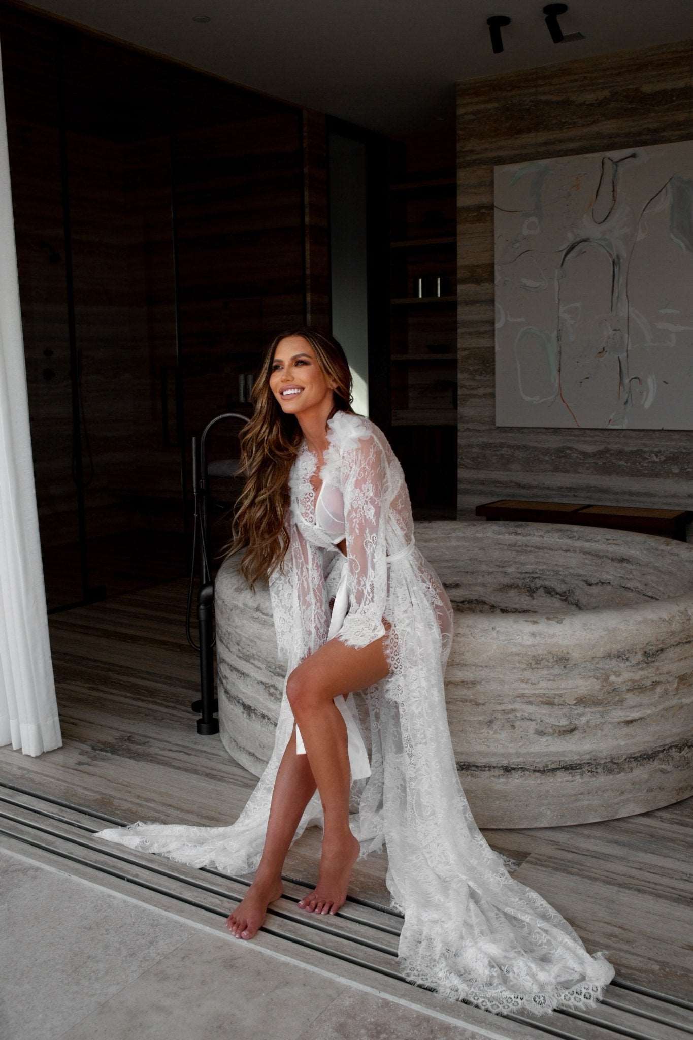 Lace bridal hotsell robe with train