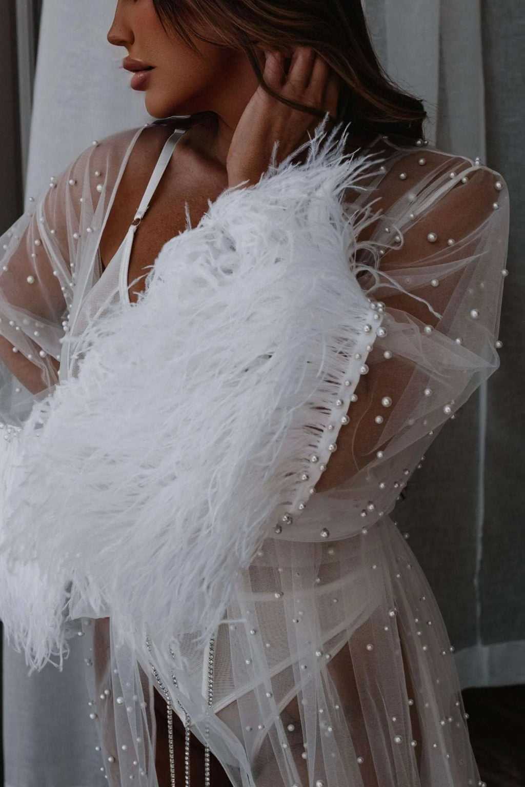 Savannah Bridal Lace Robe with Feathers