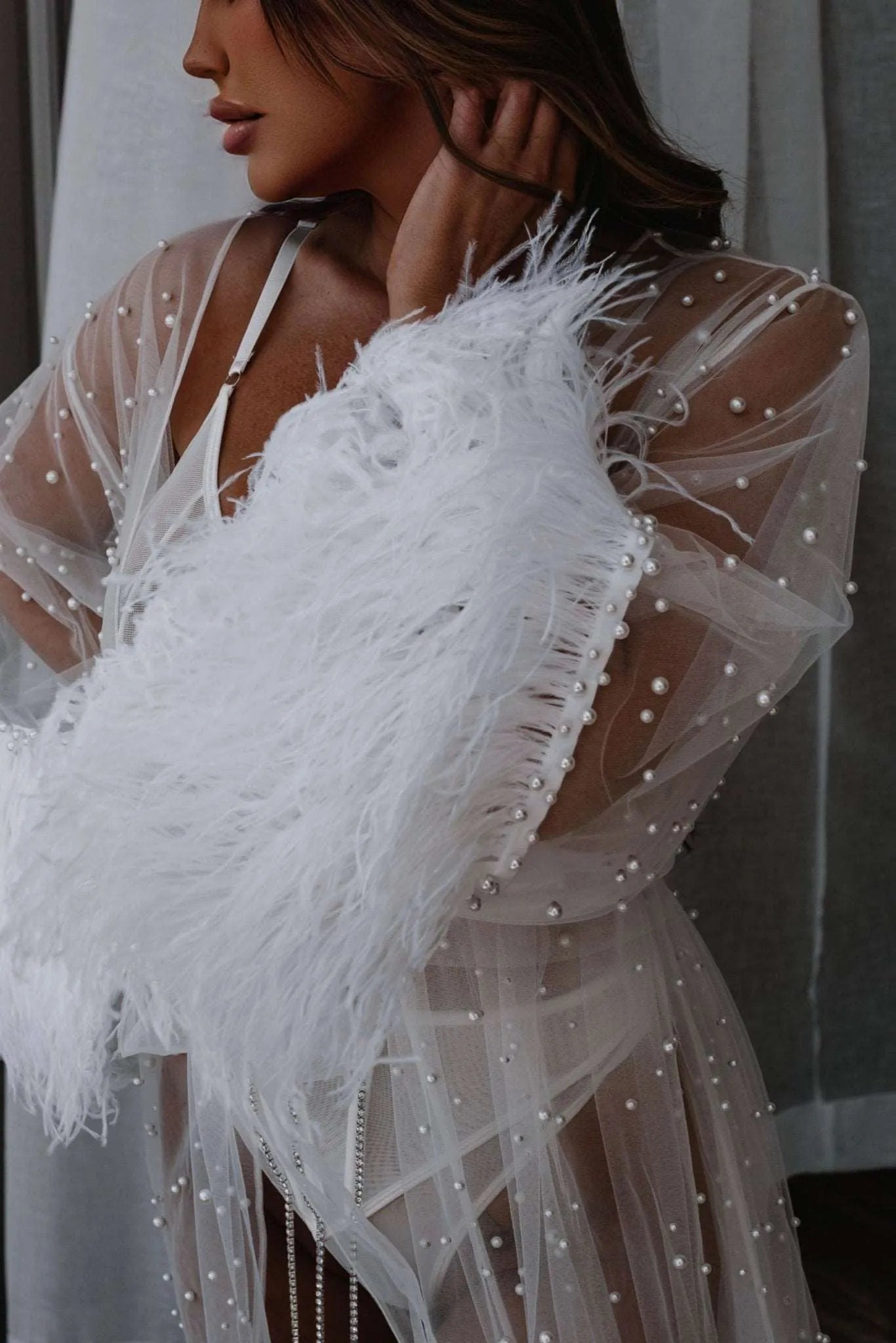 Savannah Bridal Lace Robe with Feathers