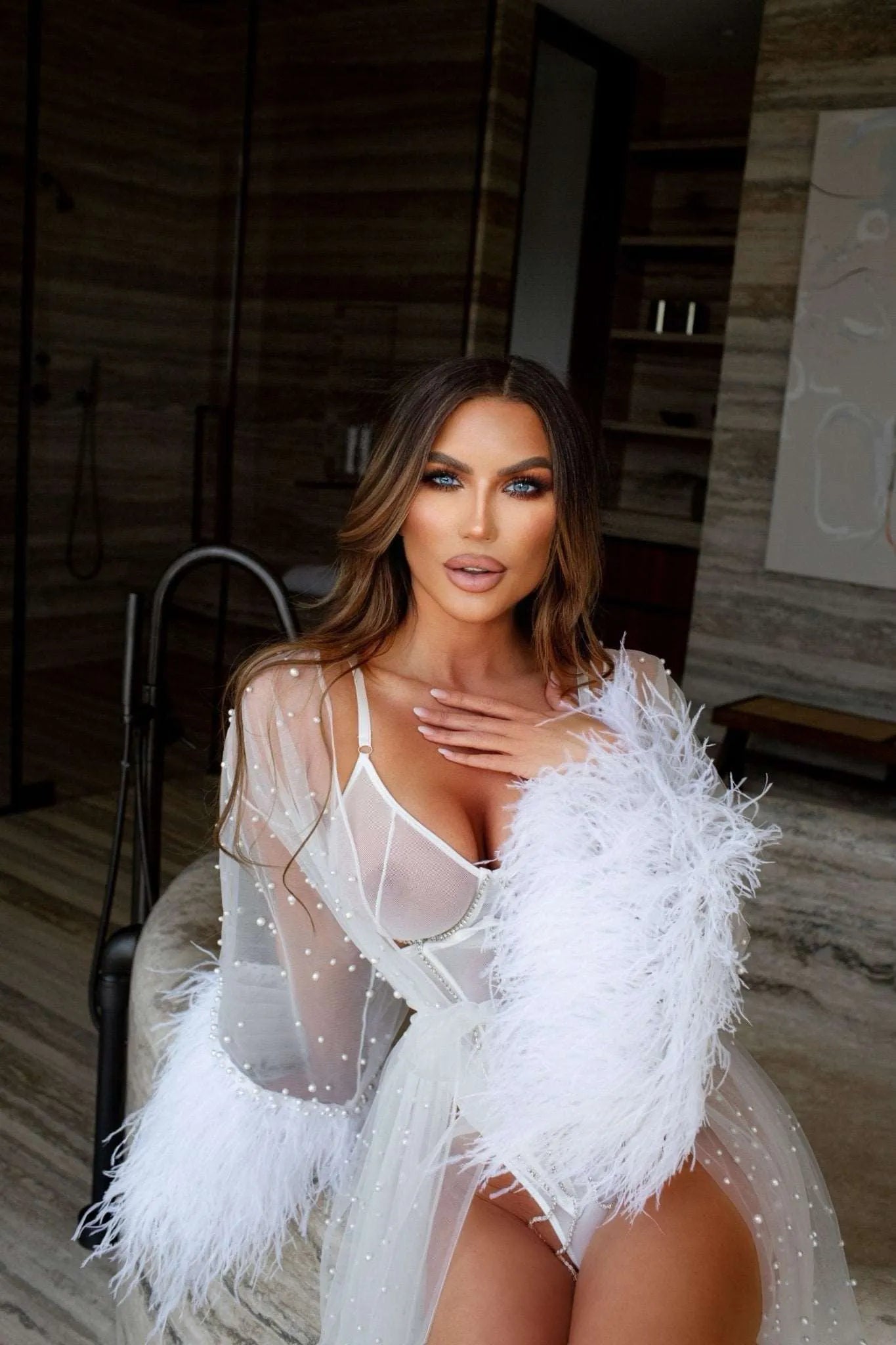 Savannah Bridal Lace Robe with Feathers