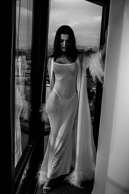 VICTORIA chiffon bridal robe with feathers